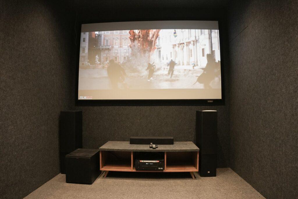 home theater screen with premium surround sound speakers