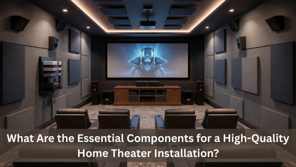 High-end home theater installation with projector screen, surround sound speakers, and acoustic wall panels