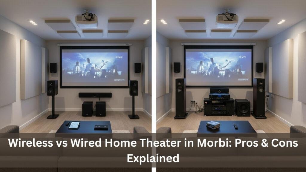 Wireless vs wired Home Theater in Morbi setup with projector screen and surround sound speakers