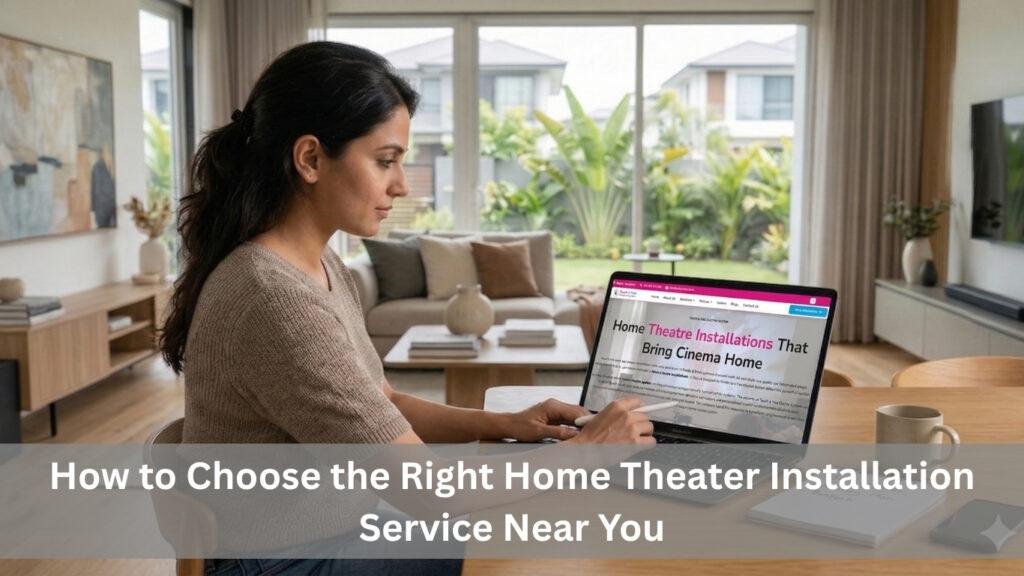 Person searching for home theater installation service on laptop in modern living room