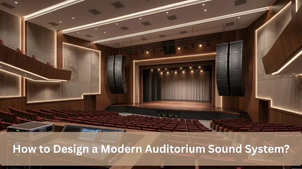 Modern auditorium sound system with digital audio mixer, line array speakers, and professional stage audio setup