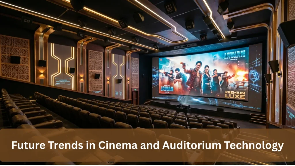 Modern cinema and auditorium technology featuring immersive LED screen, Dolby Atmos sound system, smart lighting, and luxury seating