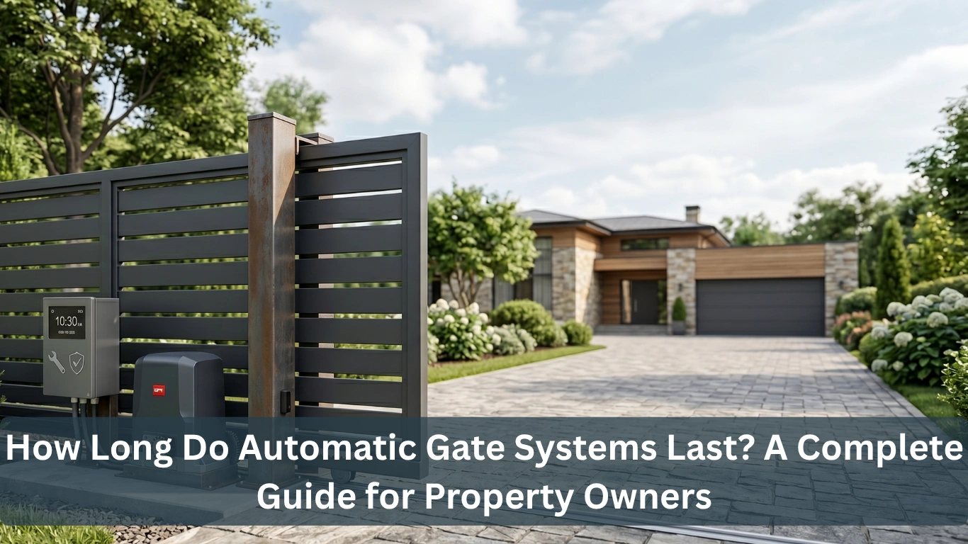 Modern automatic sliding gate system installed at a residential property with a smart control panel, secure motorized gate operator, and contemporary home in the background.