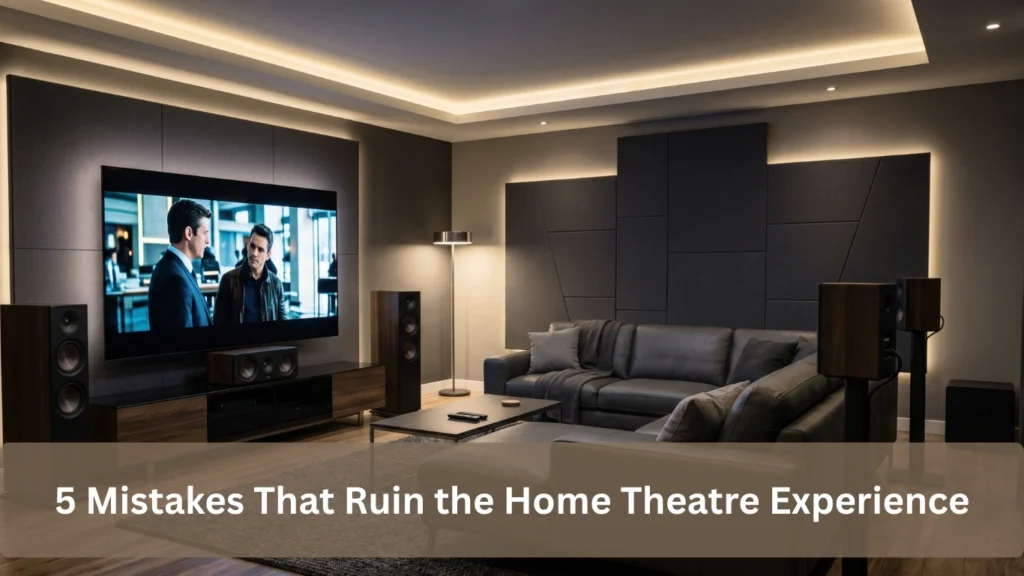 Modern home theatre room with large TV, surround sound speakers, acoustic wall panels, comfortable seating, and ambient lighting showcasing common home theatre setup mistakes.