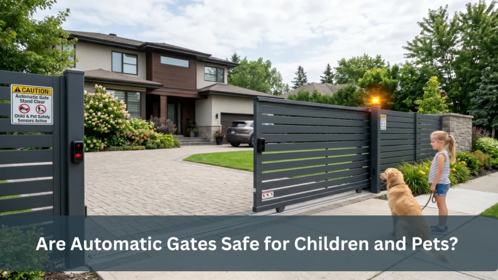 Modern automatic sliding gate with safety sensors, warning signs, and a child with a pet standing safely near a residential driveway.