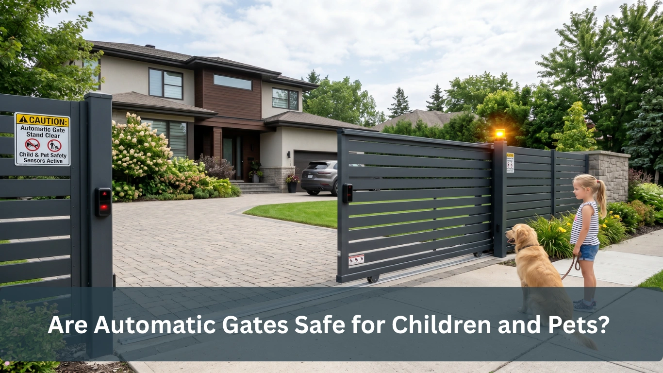 Modern automatic sliding gate with safety sensors, warning signs, and a child with a pet standing safely near a residential driveway.