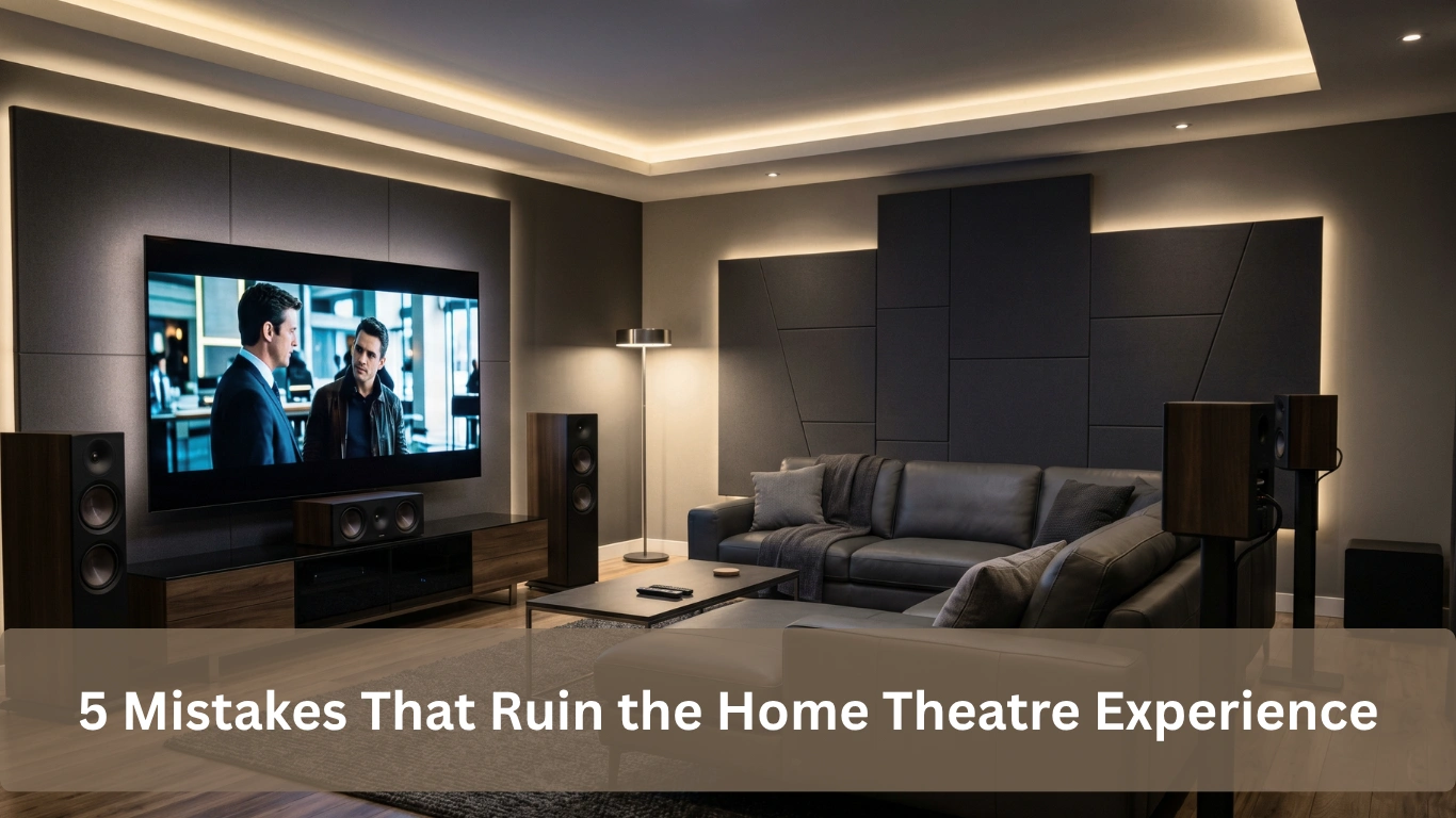 Modern home theatre room with large TV, surround sound speakers, acoustic wall panels, comfortable seating, and ambient lighting showcasing common home theatre setup mistakes.