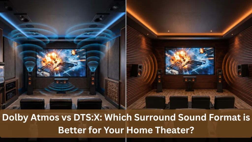 Dolby Atmos vs DTS comparison image showing two premium home theater setups with surround sound speakers and immersive audio effects for a home theater system.