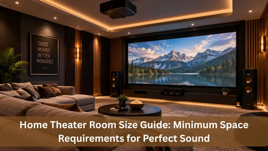 Modern Home Theater Room with large screen, surround speakers, comfortable seating, and warm ambient lighting