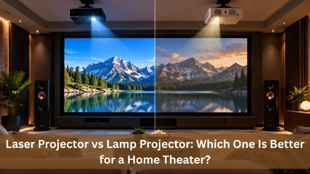 Lamp Projector displaying a cinematic image in a modern home theater room