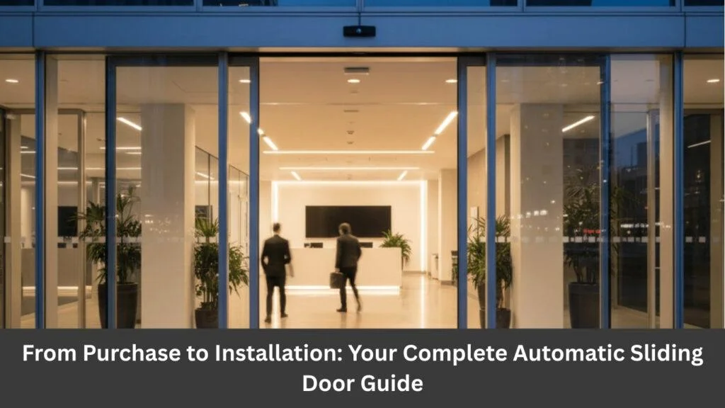 Modern commercial building entrance with glass automatic sliding door and two businessmen entering the well-lit lobby