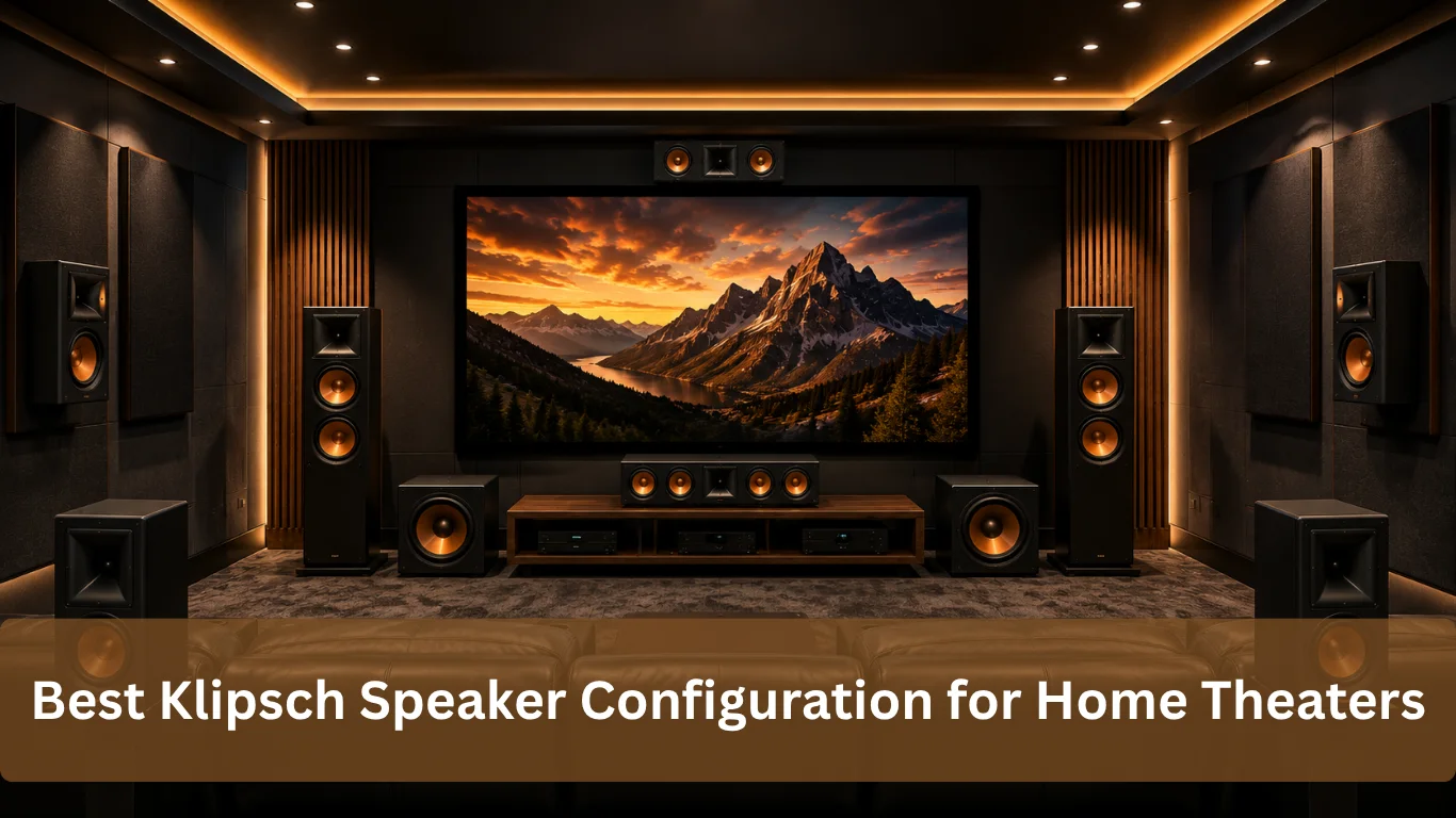 Klipsch Speaker configuration in a modern home theater with surround sound speakers, subwoofers, and a large display