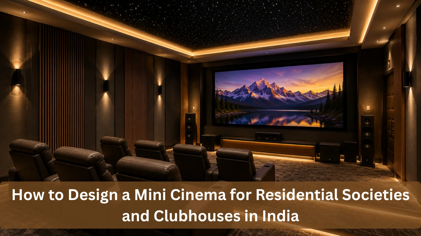 Mini Cinema setup with a compact home theater featuring a large screen, comfortable seating, and cinematic lighting.