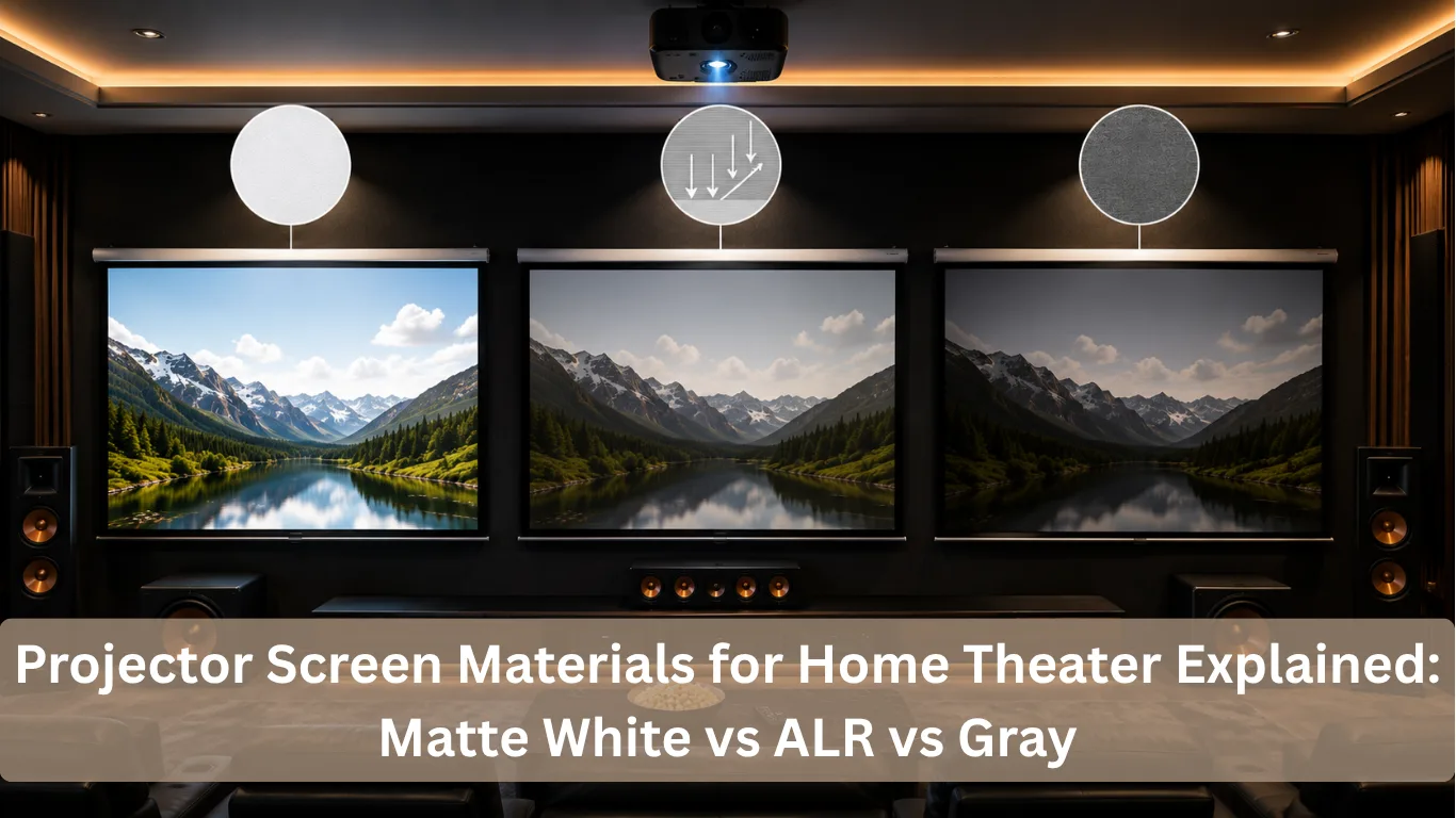 Matte White vs ALR vs Gray projector screen materials compared in a modern home theater