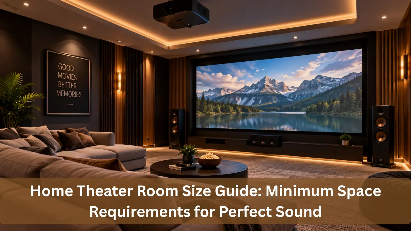 Modern Home Theater Room with large screen, surround speakers, comfortable seating, and warm ambient lighting